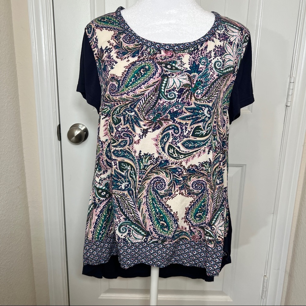 Umgee boho style mixed-media paisley print blue tunic, small